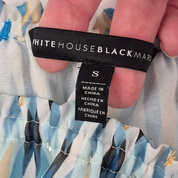 White House Black Market Off The Shoulder Bell Sleeve Blue Print Blouse Top S - Picture 6 of 11